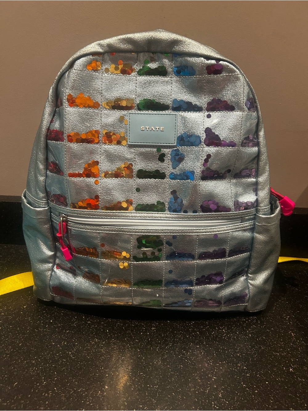 STATE KANE Double Backpack large SilverSequin Grid Backpack with Rainbow Accents